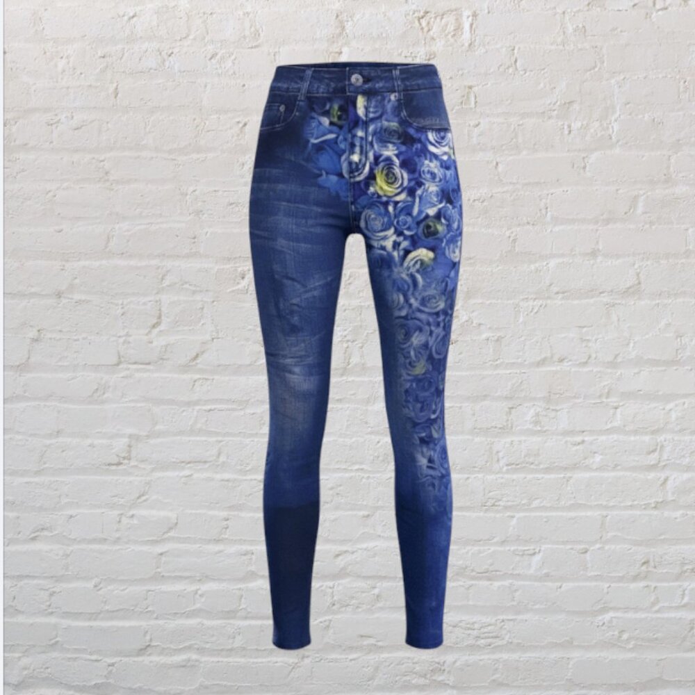 DOCELE -- Leggings, Jeans-Look "Denim" with Flower Print Front and Back